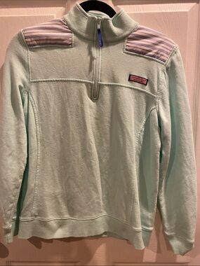 Vineyard Vines Mint Green Quarter-Zip Pullover with Striped Shoulder Accents